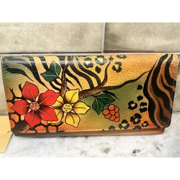 Anuschka Women's Wallet Floral Leopard Tiger Design Trifold Credit Bills Coins - Picture 1 of 11